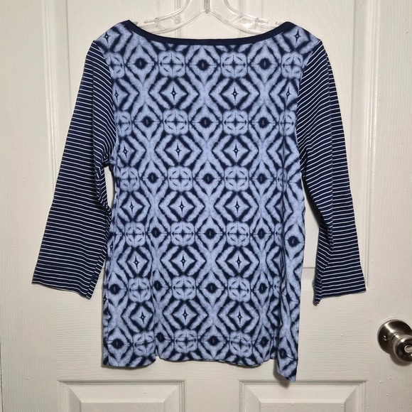 Fresh Produce Women's L Top 3/4 Sleeve Blue Diamond Stripe Casual Shirt - Picture 5 of 5